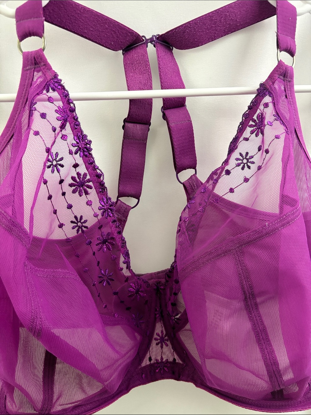 Elomi Womens Matilda Underwire Bra Size 42K US Purple Lace Sheer Floral Plunge - Picture 4 of 7